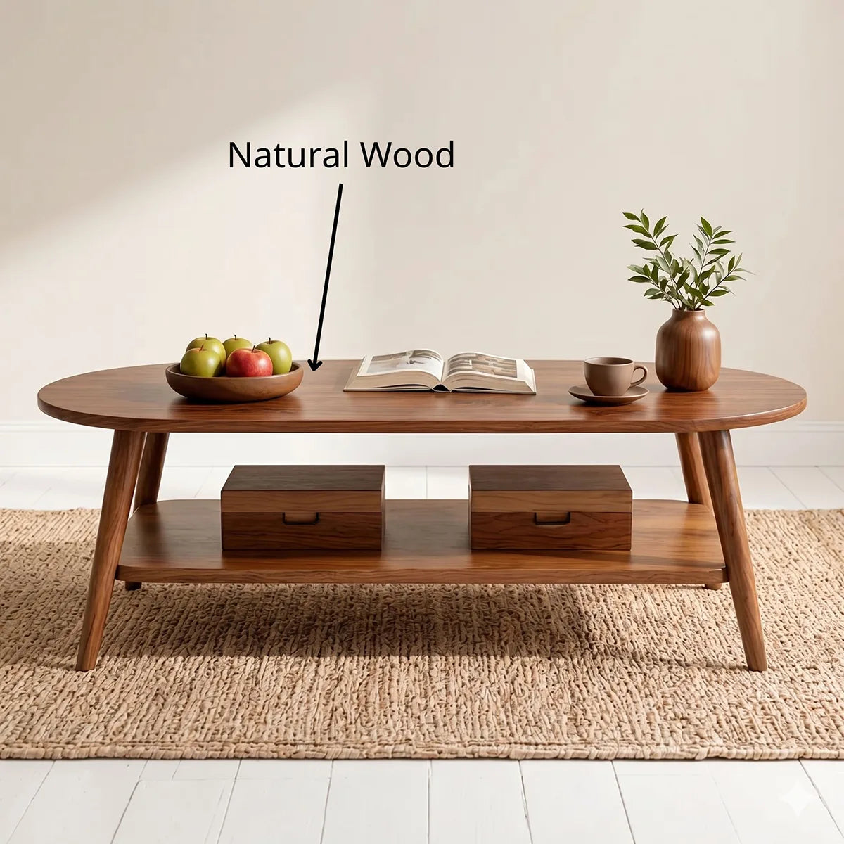 Mid Century Modern Solid Wood Two Tier Oval Coffee Table