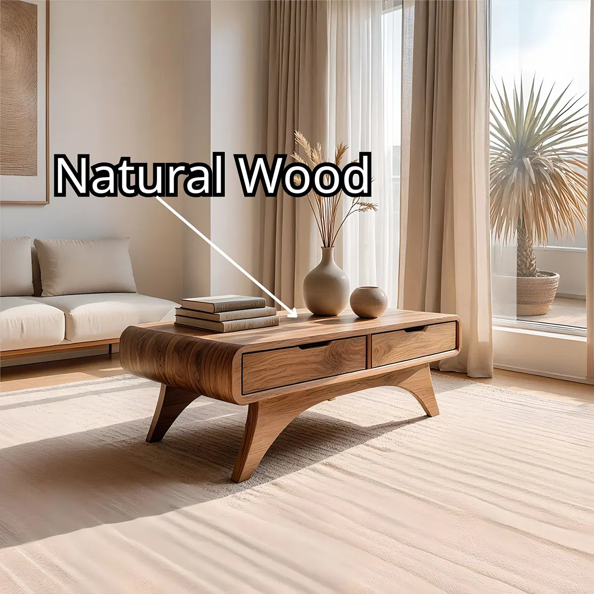 Mid Century Modern Solid Wood Coffee Table with Storage Drawers