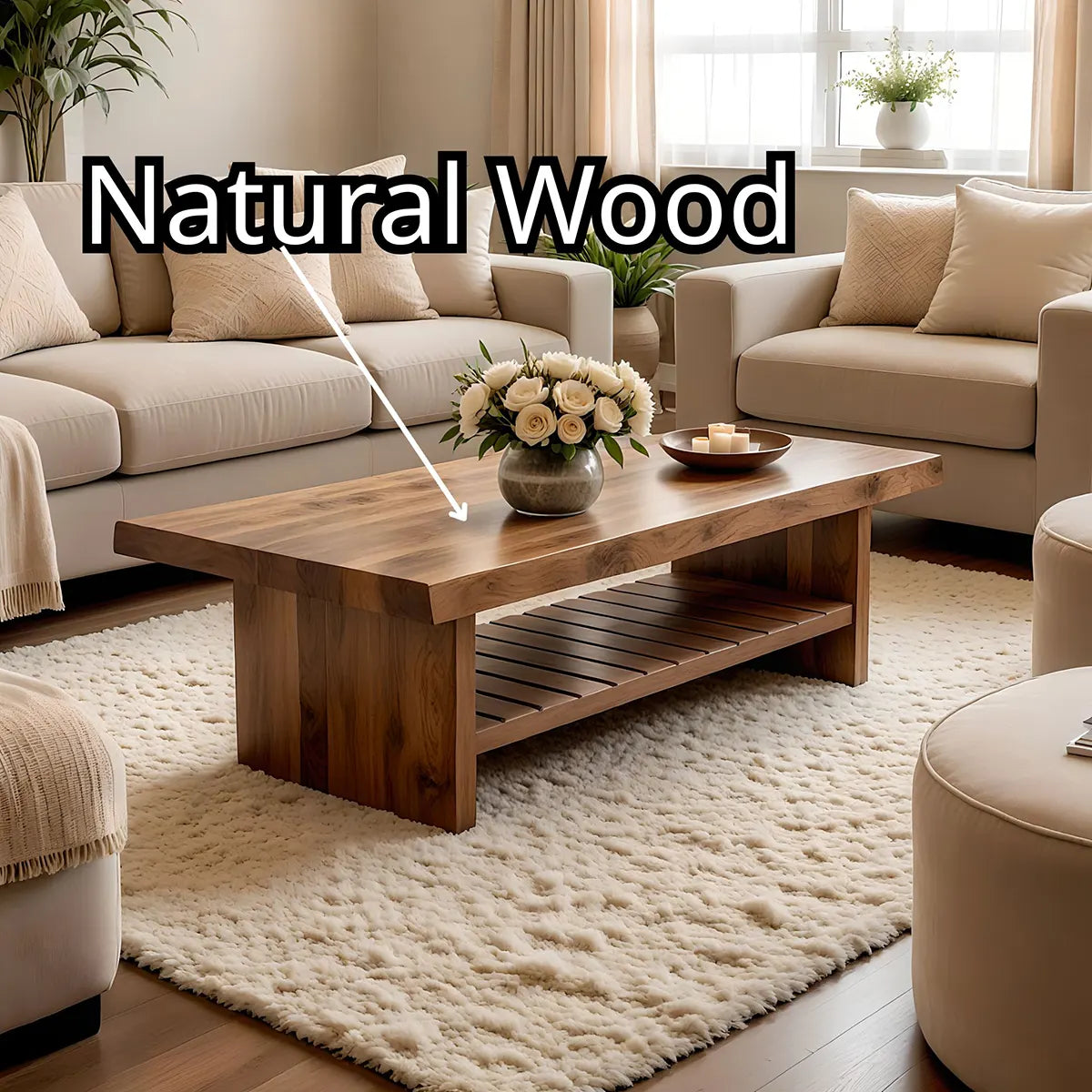 Modern Wooden Coffee Table with Slatted Open Shelf for Home Decor