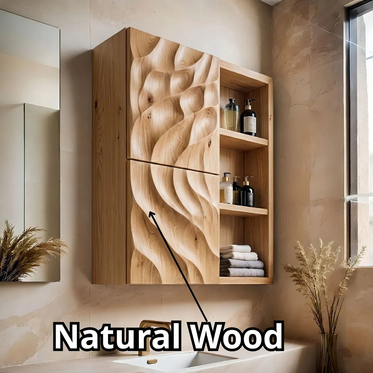 Handcrafted Solid Wood Bathroom Wall Cabinet with Sculpted Door and Open Shelves