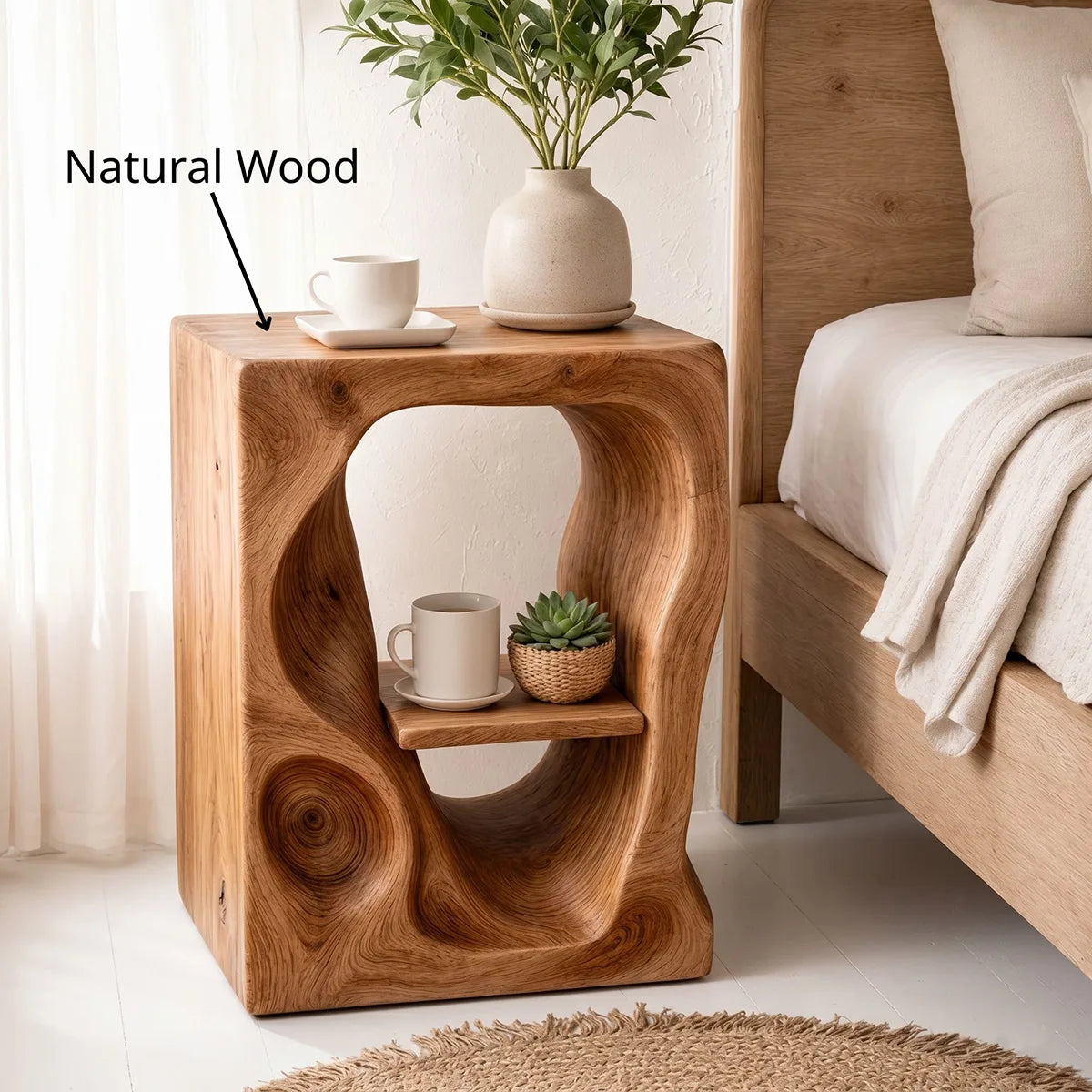 Organic Sculptural Wooden Nightstand with Open Shelf