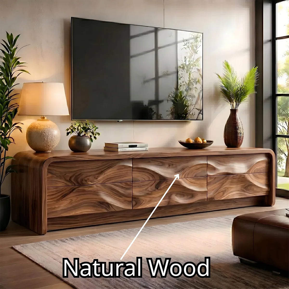 Modern Solid Wood Rounded TV Stand with Full Wavy Carved Facade