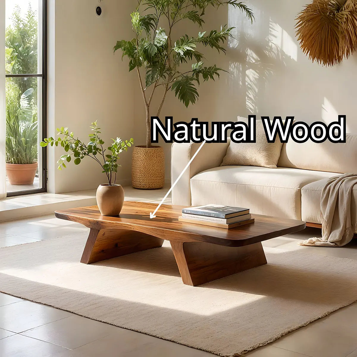 Solid Wood Live Edge Coffee Table with Sculptural Tapered Base