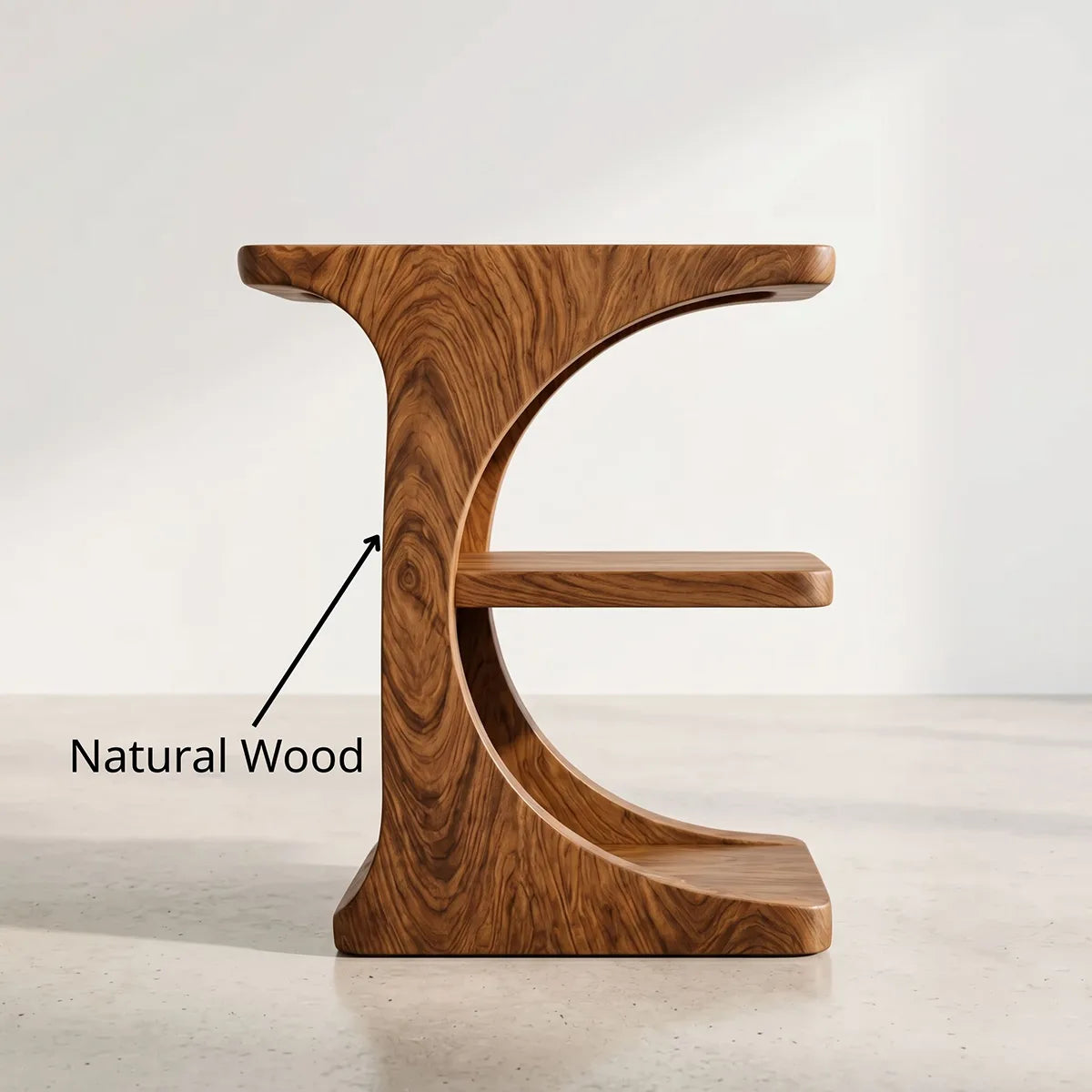 Sculptural Solid Wood Nightstand with Curved Open Shelf