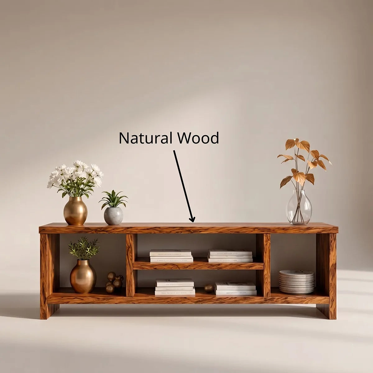 Modern Solid Wood Geometric TV Stand with Open Shelving