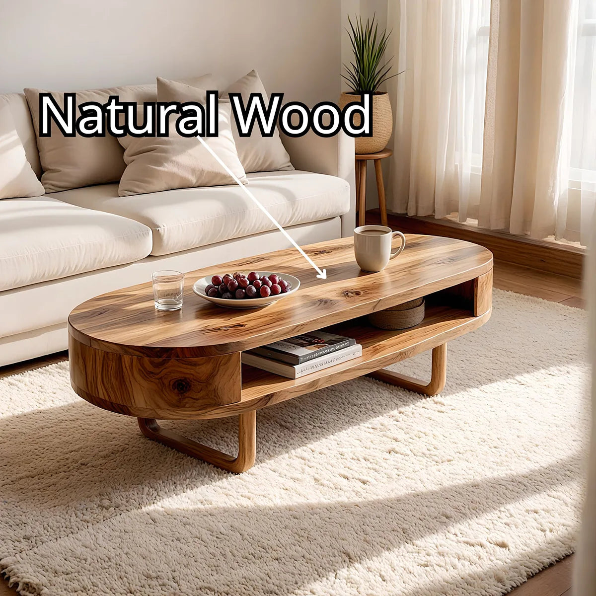 Mid Century Solid Wood Oval Coffee Table with Open Storage