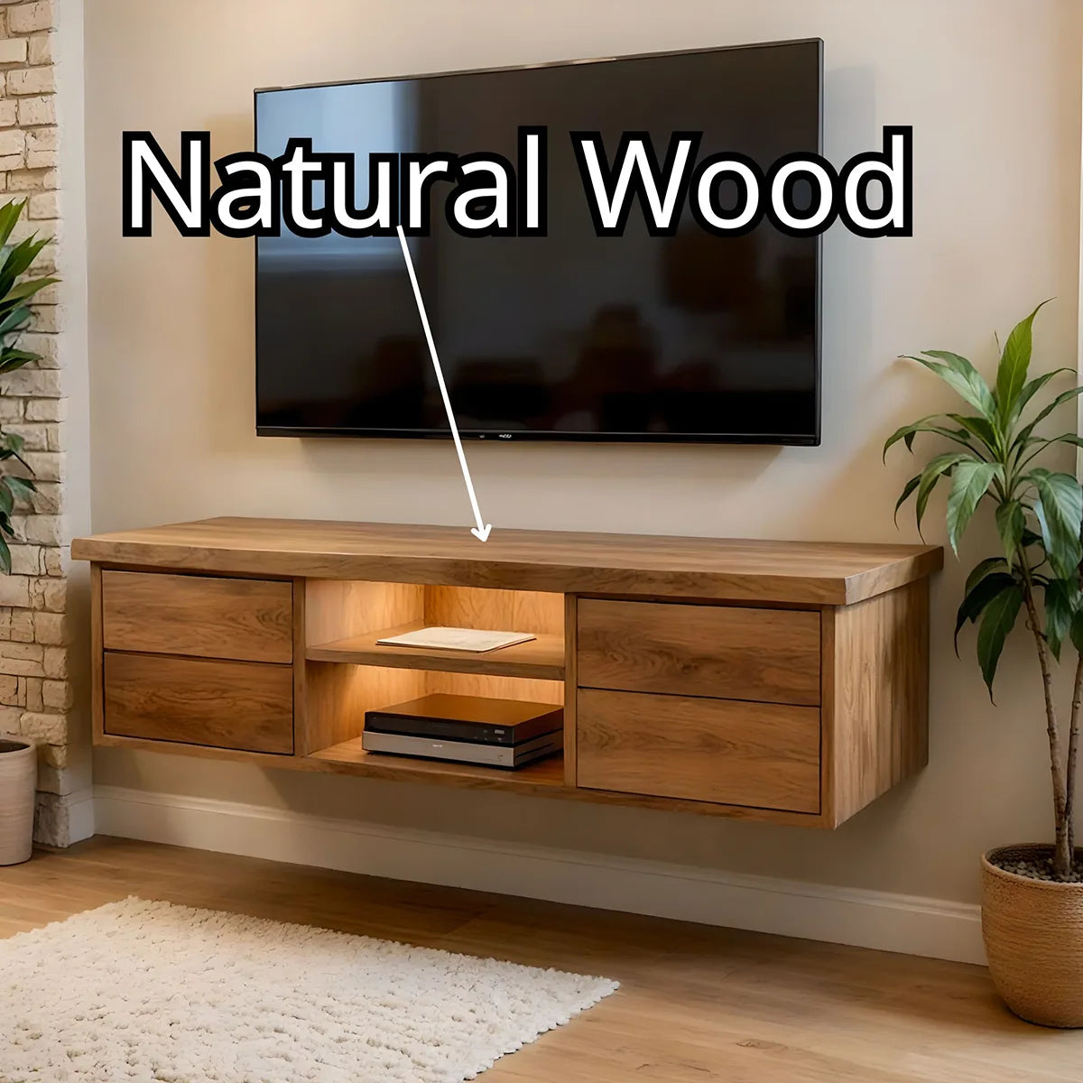 Modern Solid Wood Floating TV Stand with Integrated Lighting