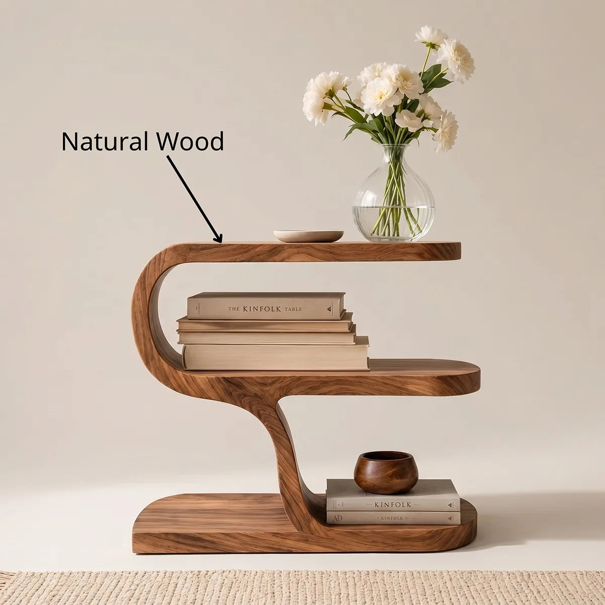 Modern Sculptural Wooden Nightstand with Open Storage Shelves