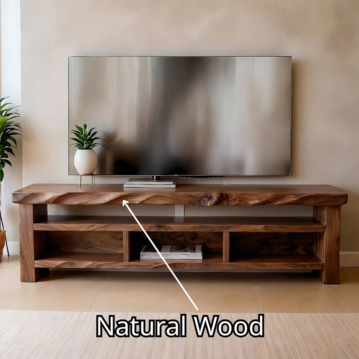 Modern Solid Wood Open TV Stand with Wavy Carved Edge