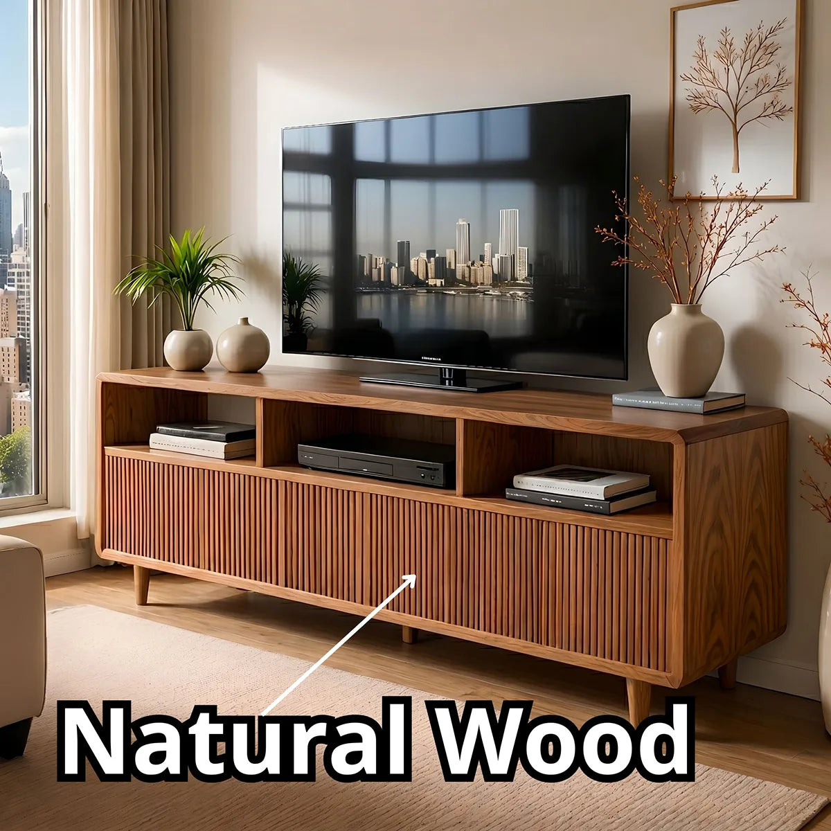 Mid Century Modern Solid Wood TV Stand with Slatted Doors