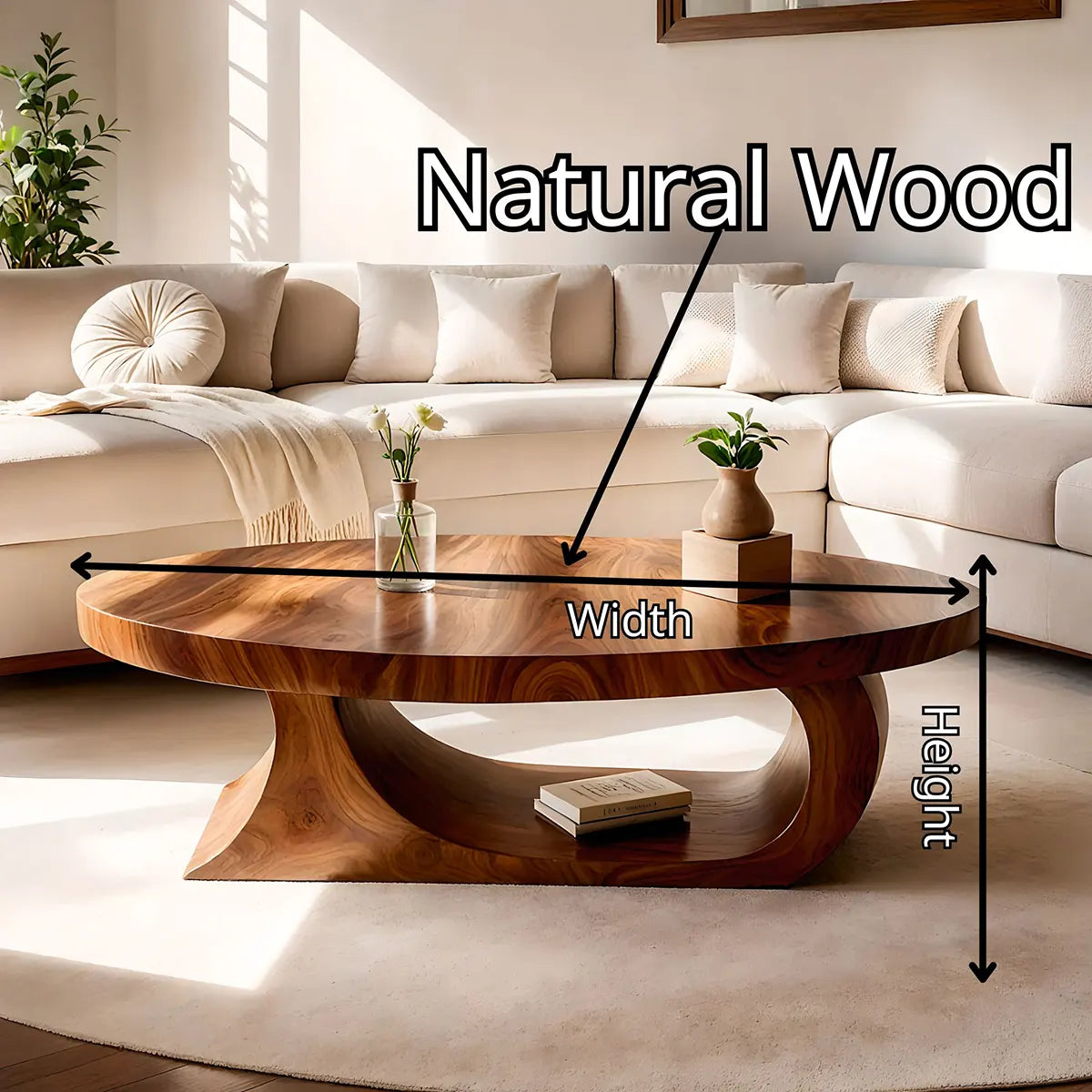 Oval Coffee Table, Organic Modern Wood Coffee Table, Sculptural Loop Base Center Table TT006-5586