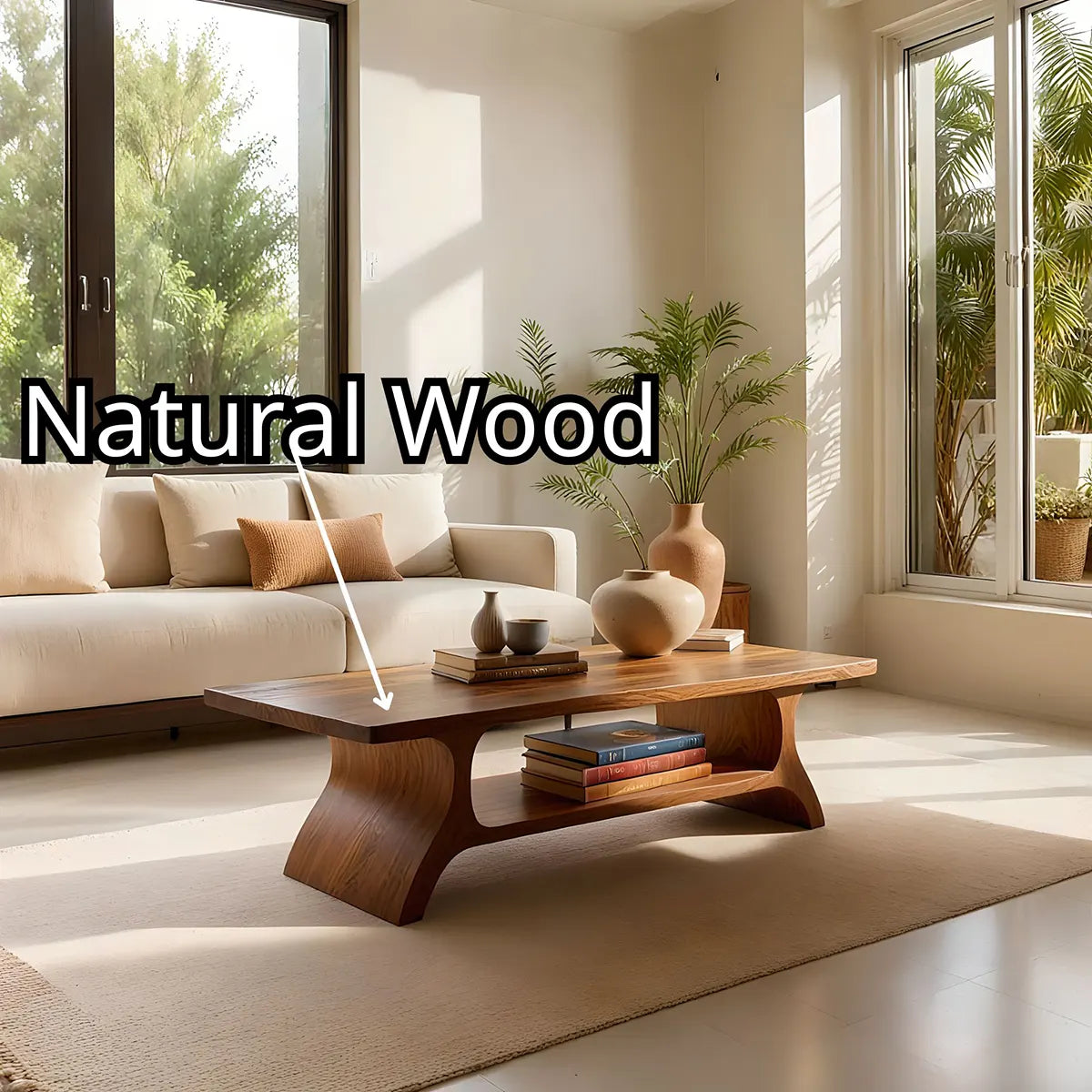 Handcrafted Solid Wood Coffee Table with Sculptural Curved Base and Open Shelf