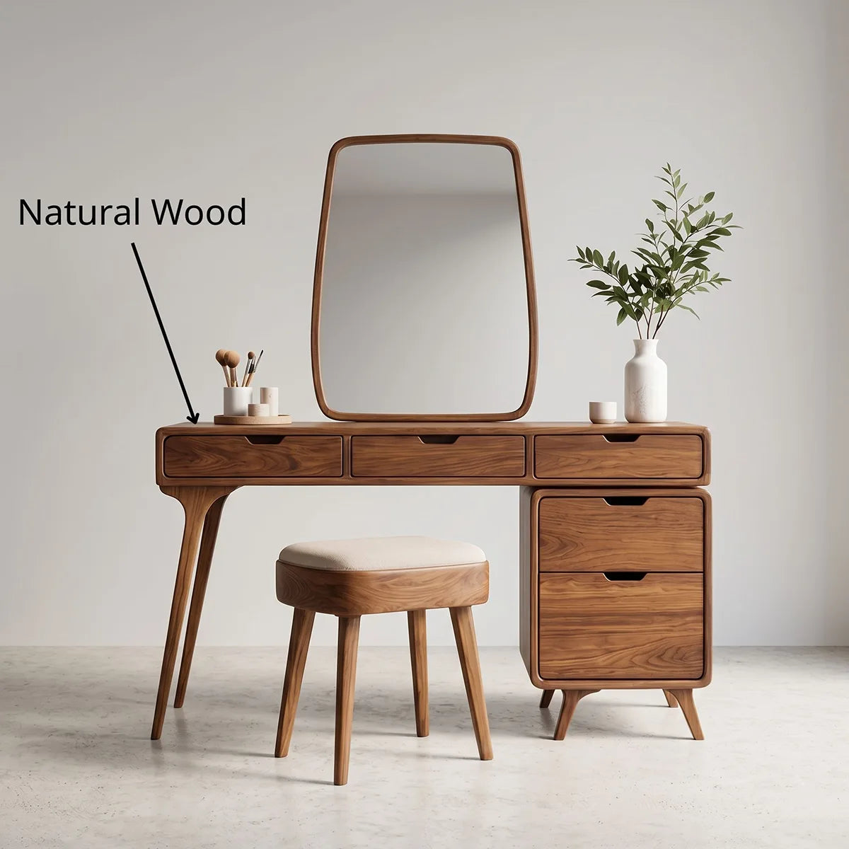 Mid-Century Solid Wood Vanity Desk with Mirror and Storage Drawers