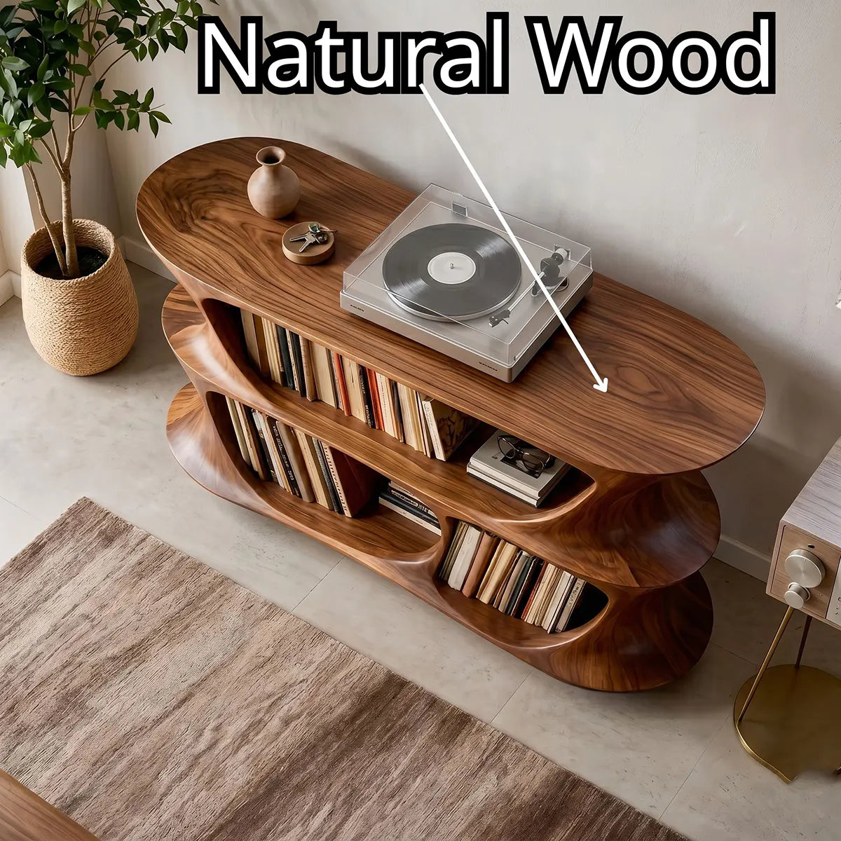 Solid Wood Record Player Stand, Modern Curved Turntable with Vinyl Storage Shelves