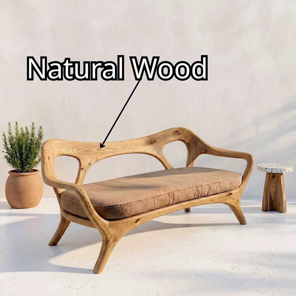 Luxury Organic Modern Outdoor Solid Wood Sofa with Sculptural Backrest