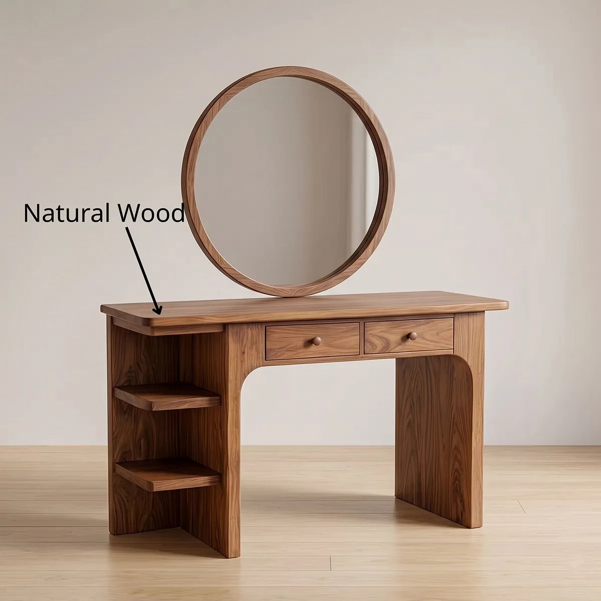 Scandinavian Solid Wood Vanity Desk with Mirror and Open Shelf Storage