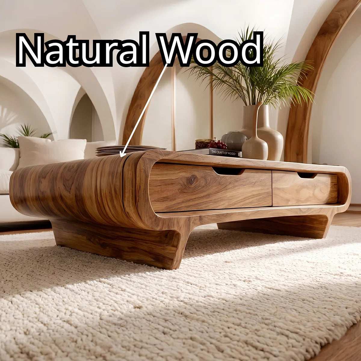 Handcrafted Wood Coffee Table with Drawers - Curved Silhouette Modern Design