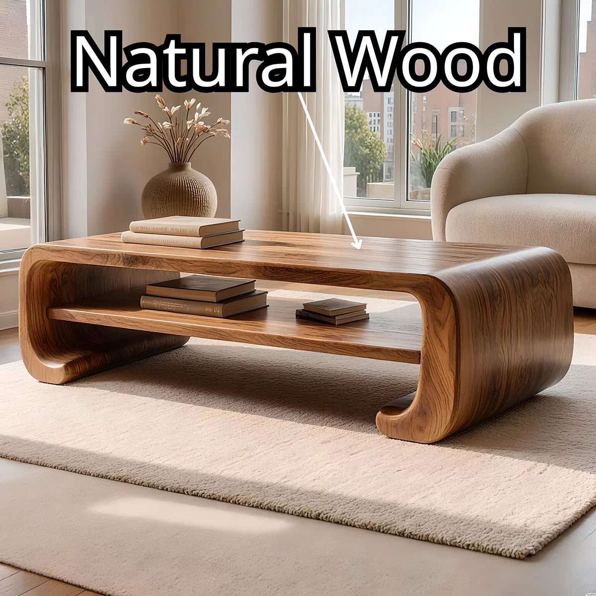 Handcrafted Solid Wood Coffee Table with Continuous Curved Silhouette