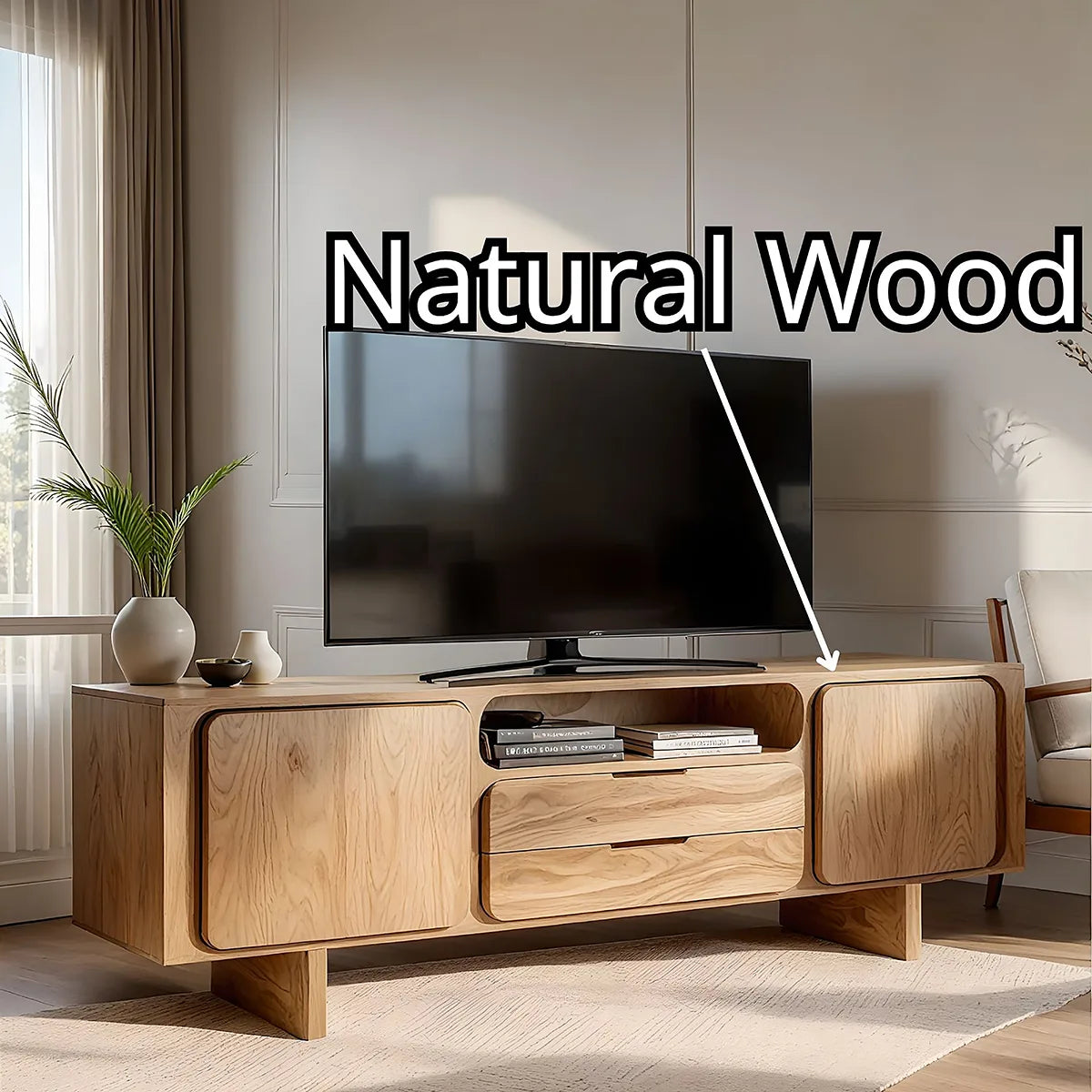 Modern Solid Wood Rounded TV Stand with Square Inset Cabinets