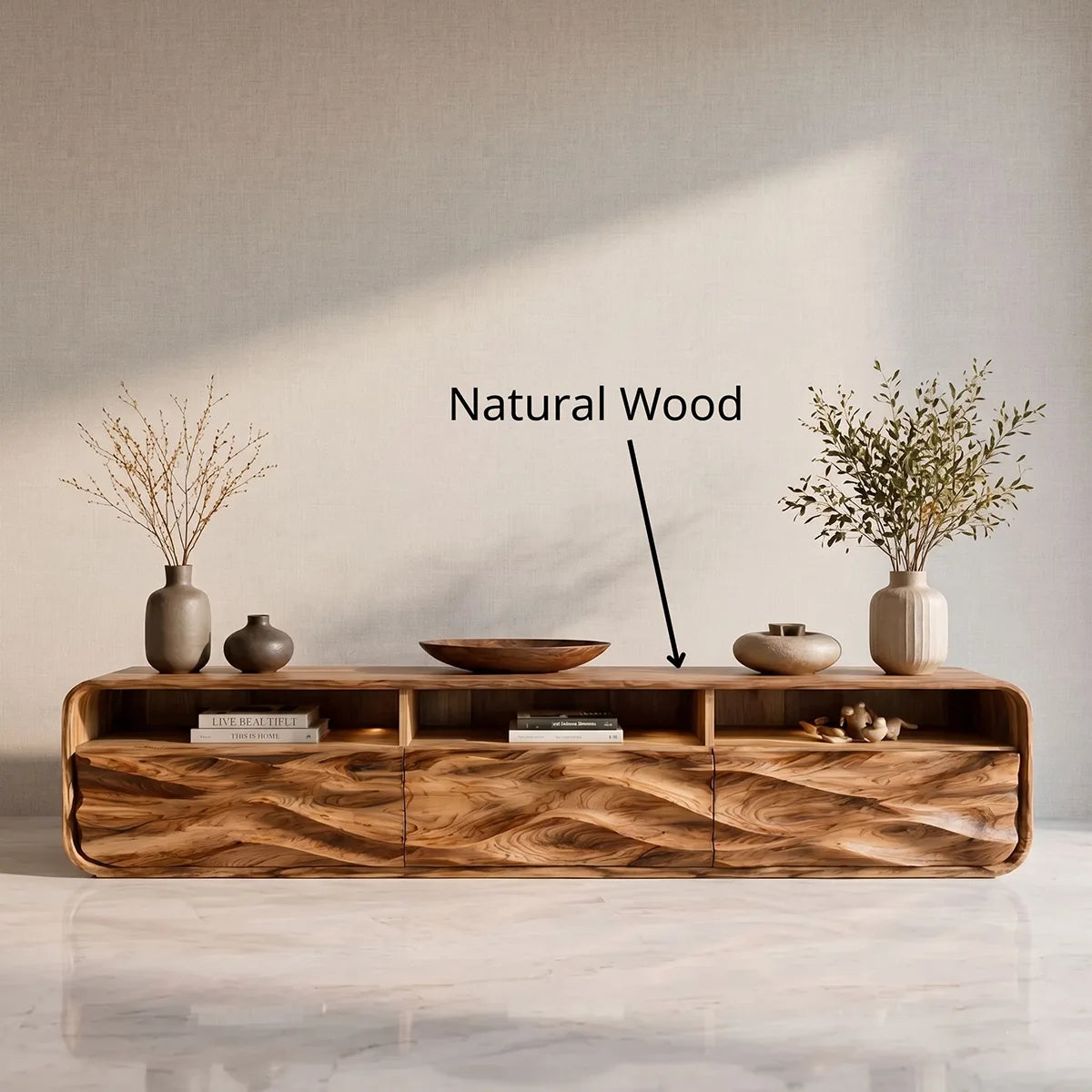 Mid Century Modern Solid Wood 3D Wavy Carved TV Stand