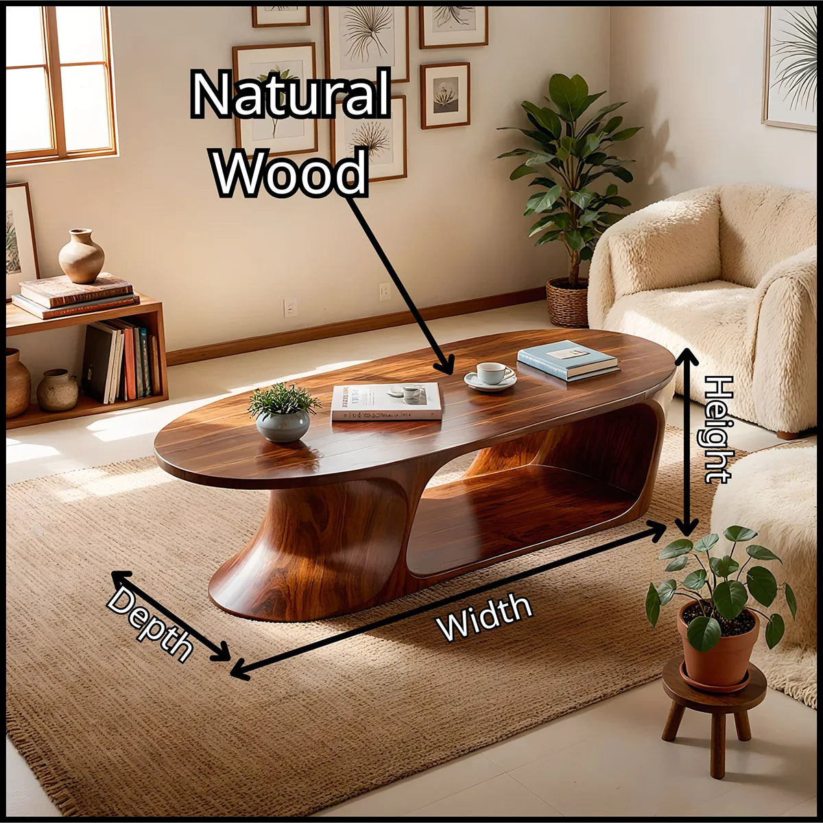 Oval Solid Wood Coffee Table with Storage Shelf | Modern Sculptural Center Table TT006-9490