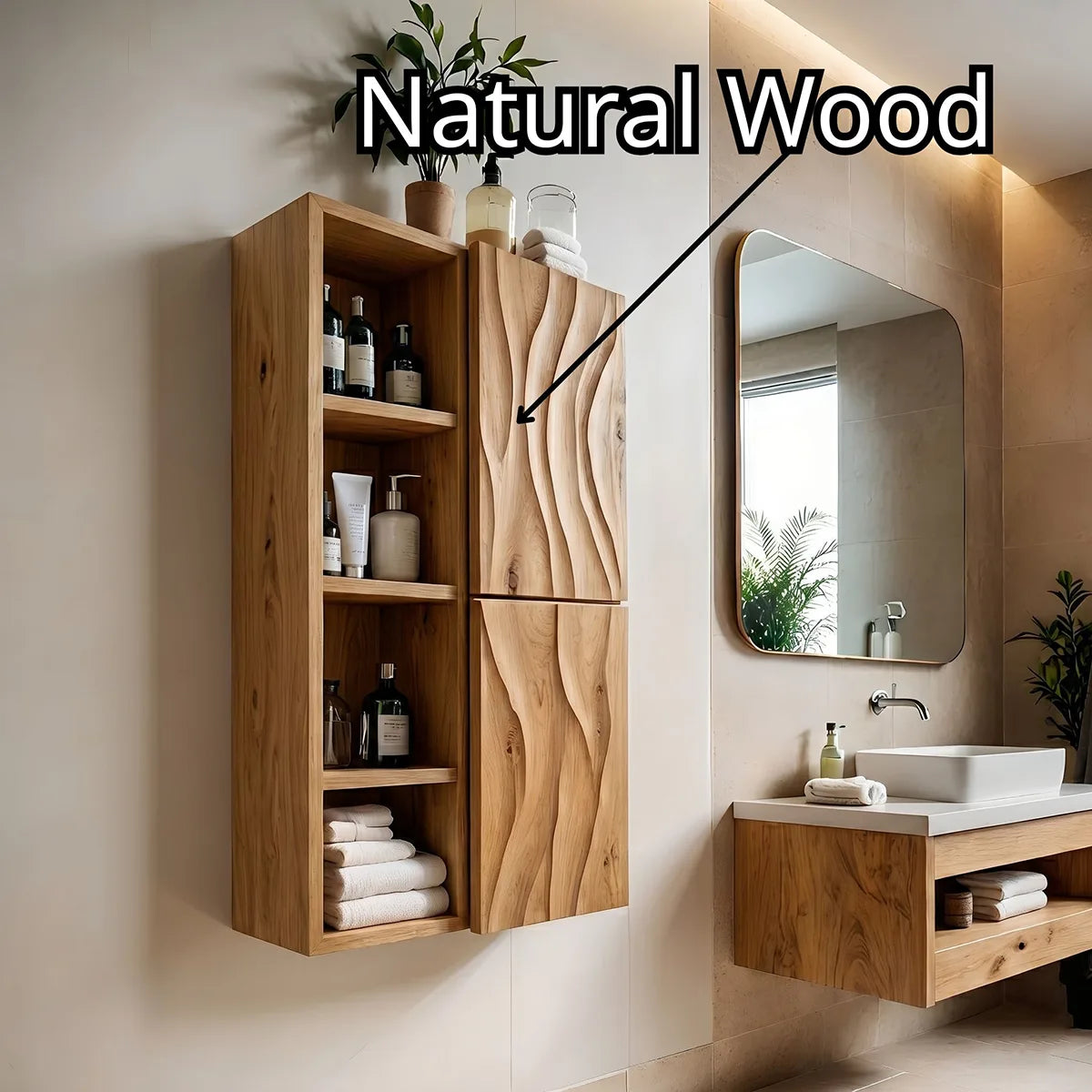 Handcrafted Solid Wood Bathroom Wall Storage Cabinet with Open Shelves