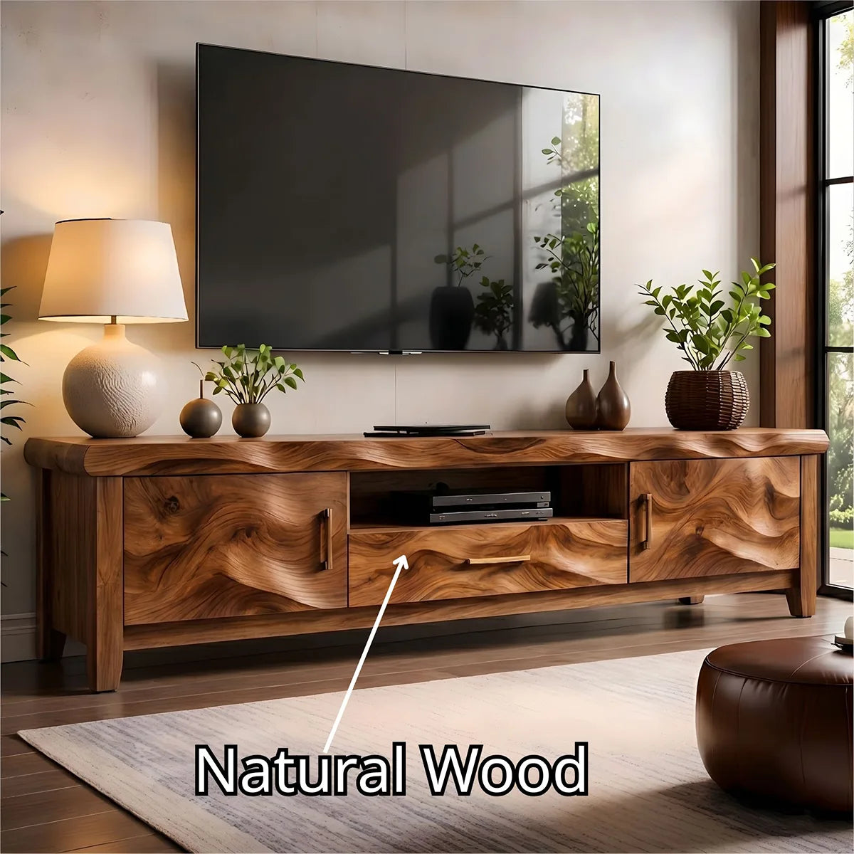 Modern Solid Wood Wavy Carved TV Stand with Mixed Storage