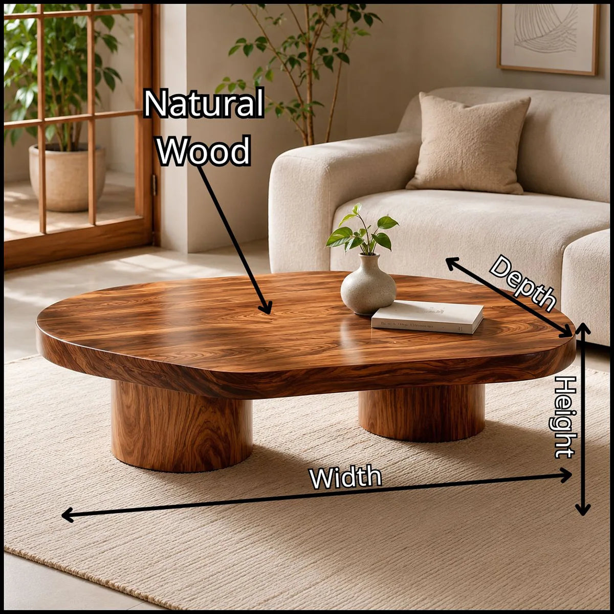 Organic Solid Wood Coffee Table | Modern Freeform Hardwood Coffee Table with Dual Pedestal Base TT006-7752