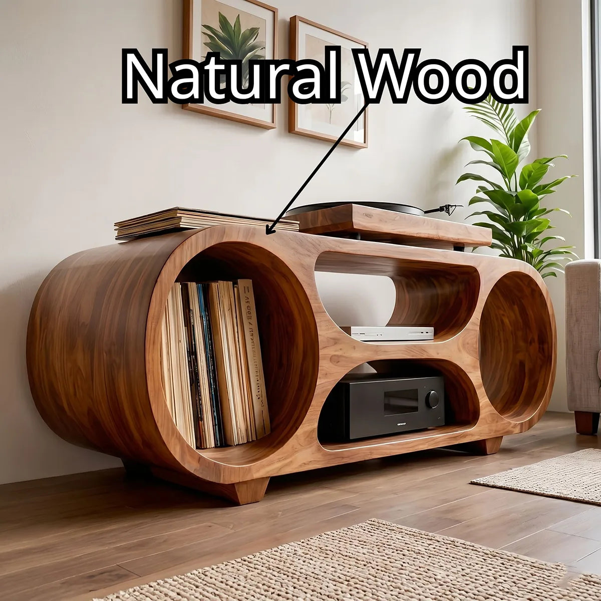 Solid Wood Record Player Stand, Modern Media Console with Vinyl Storage Shelves