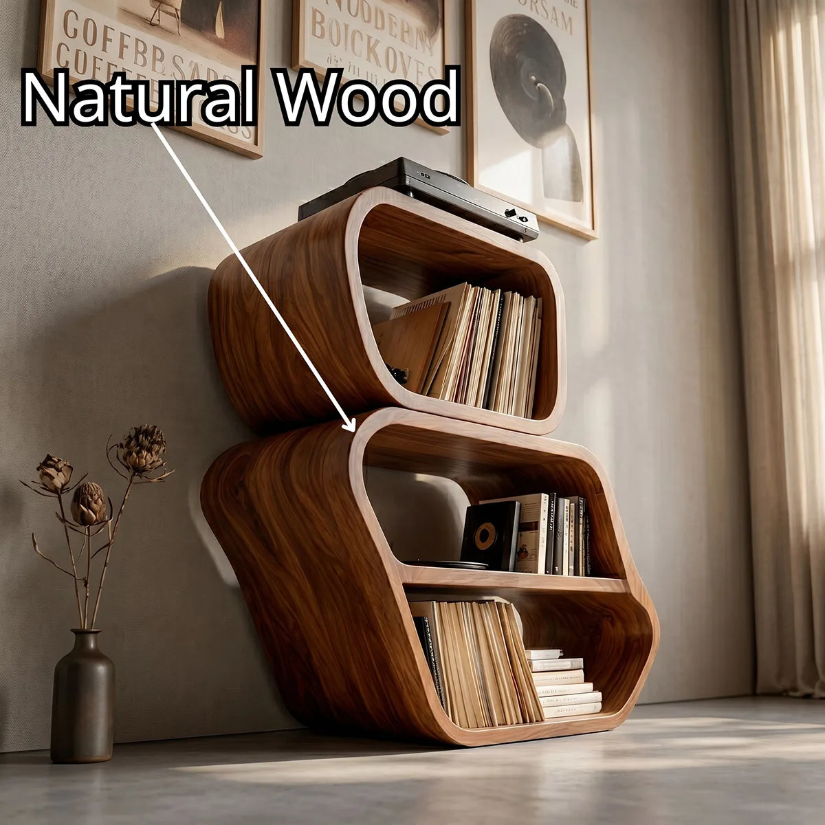 Luxury Solid Wood Curved Bookshelf, Modern Record Storage Cabinet