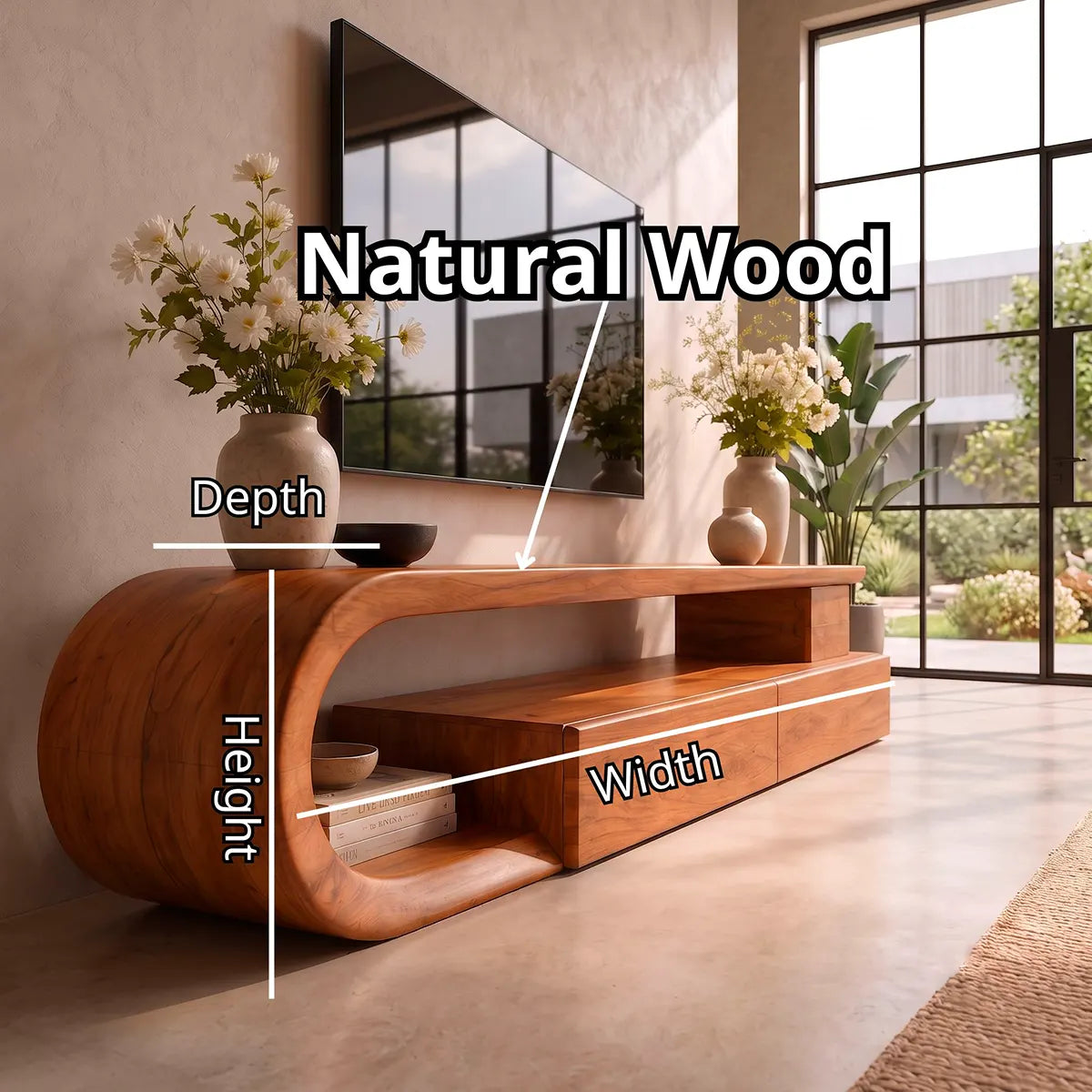 Sculptural Curved TV Stand with 3 Drawers & Open Shelving | Modern Low Profile Media Console TT006-6ELT4UJ