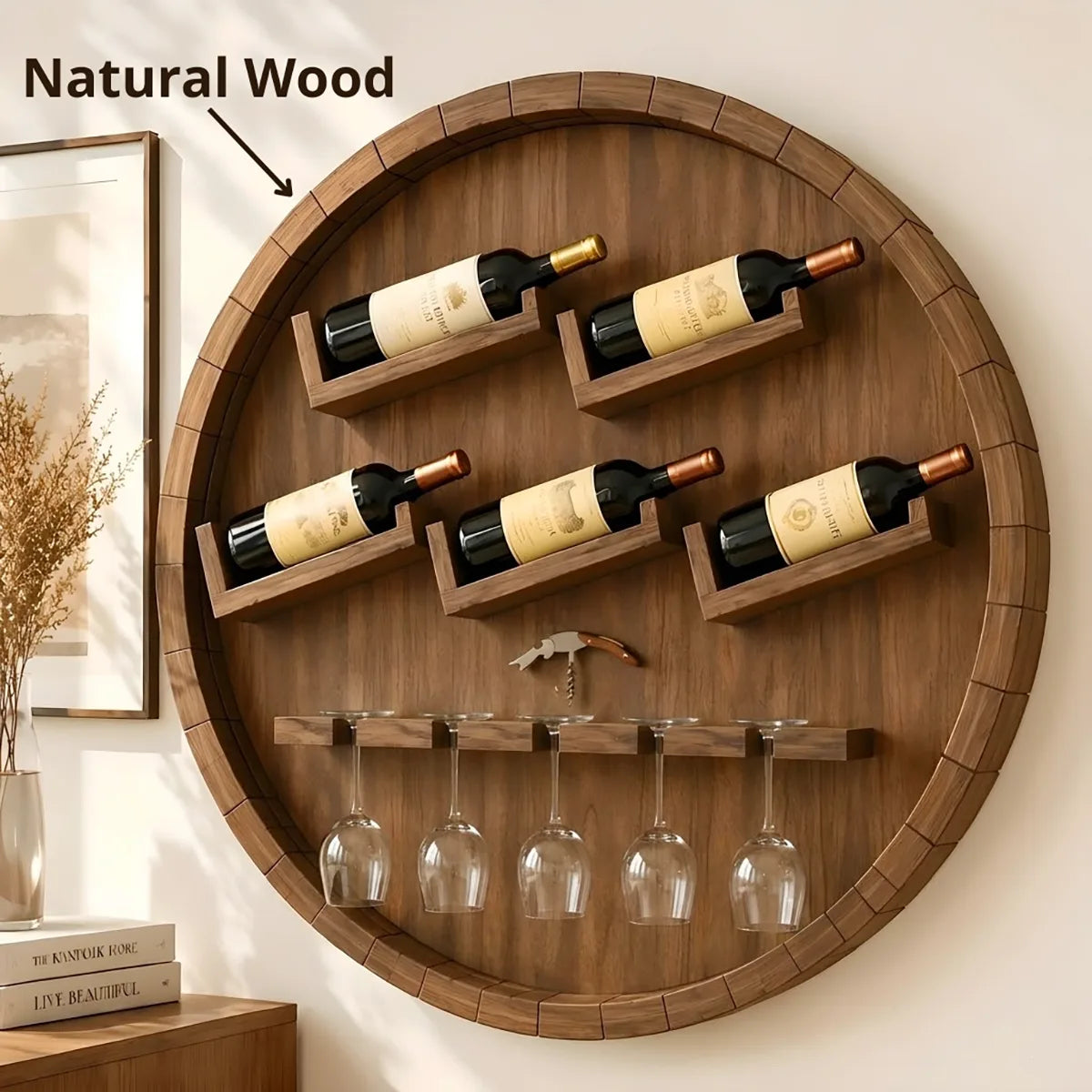 Round Solid Wood Wall Wine Rack with Glass Holder HG021-3468
