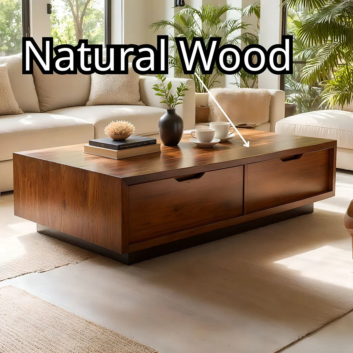 Modern Solid Wood Coffee Table with Large Dual Storage Drawers