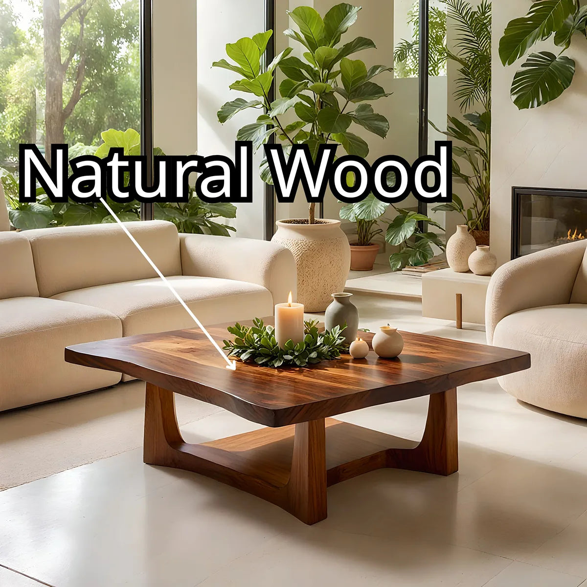 Solid Wood Square Live Edge Coffee Table with Sculptural Geometric Base