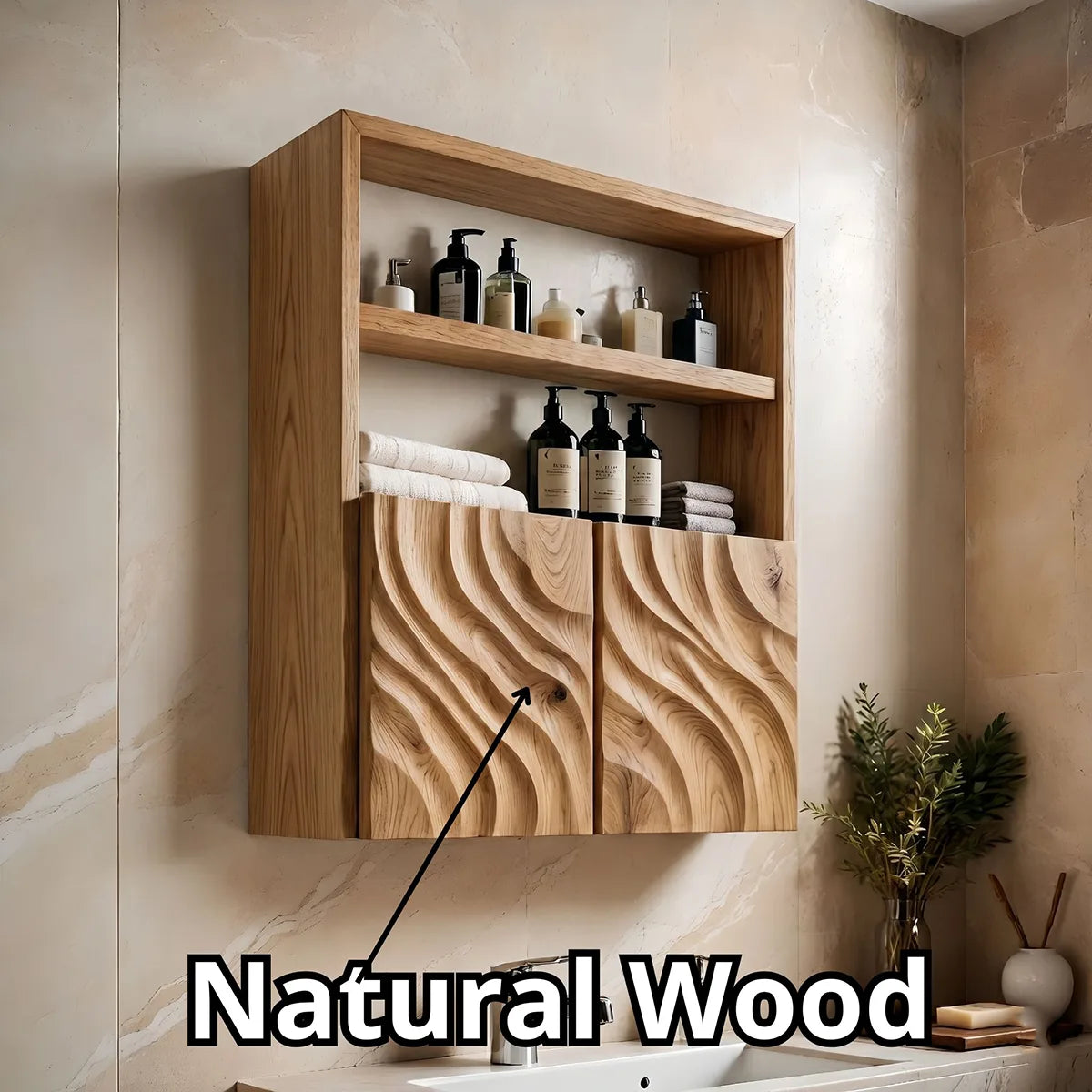 Solid Wood Wall Cabinet Handcrafted Wave Front Bathroom Storage Cabinet