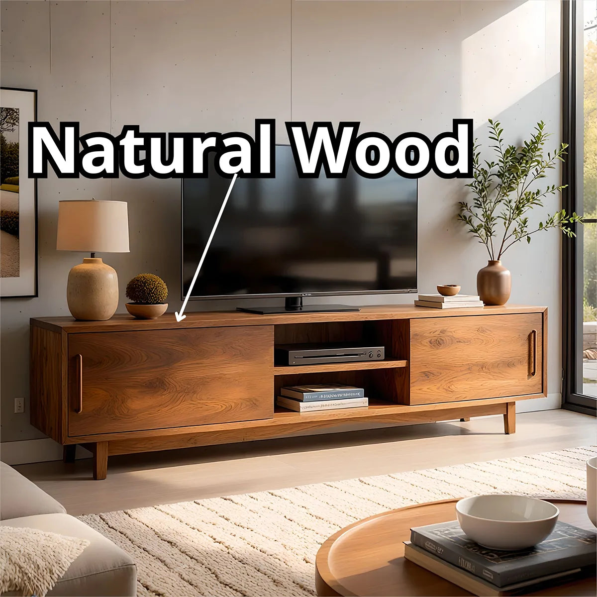 Modern Solid Wood TV Stand with Sliding Doors and Open Shelving