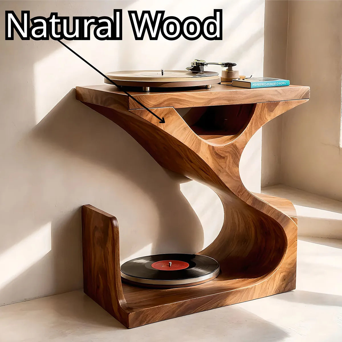 Organic Soft Wave Wood Record Player Table | Stand Only