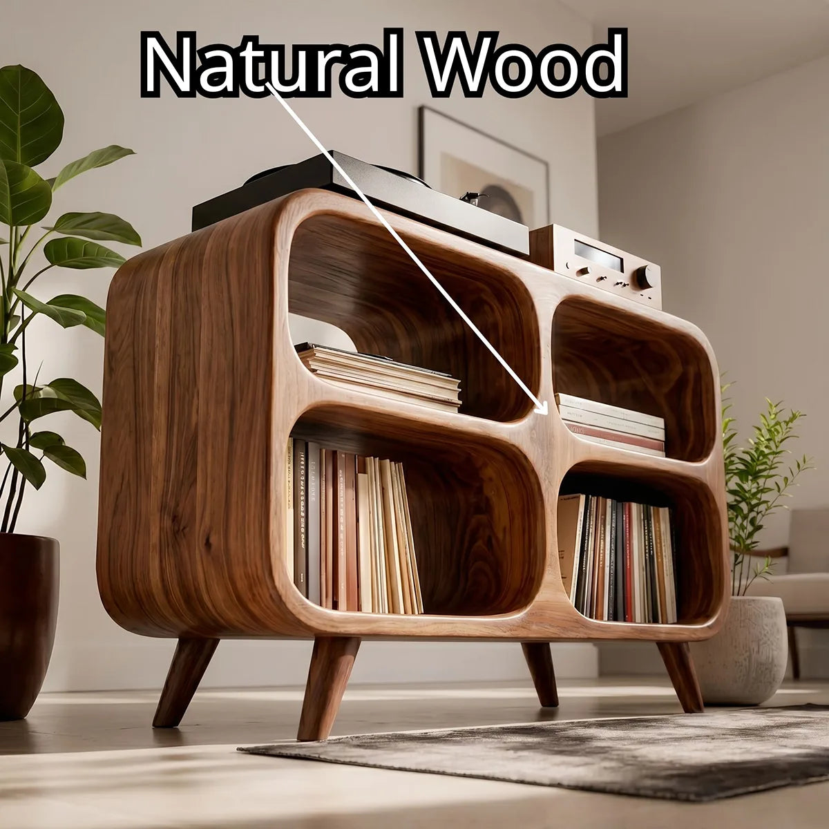 Mid-Century Modern Curved Wooden Media Console Base, Record Player Stands