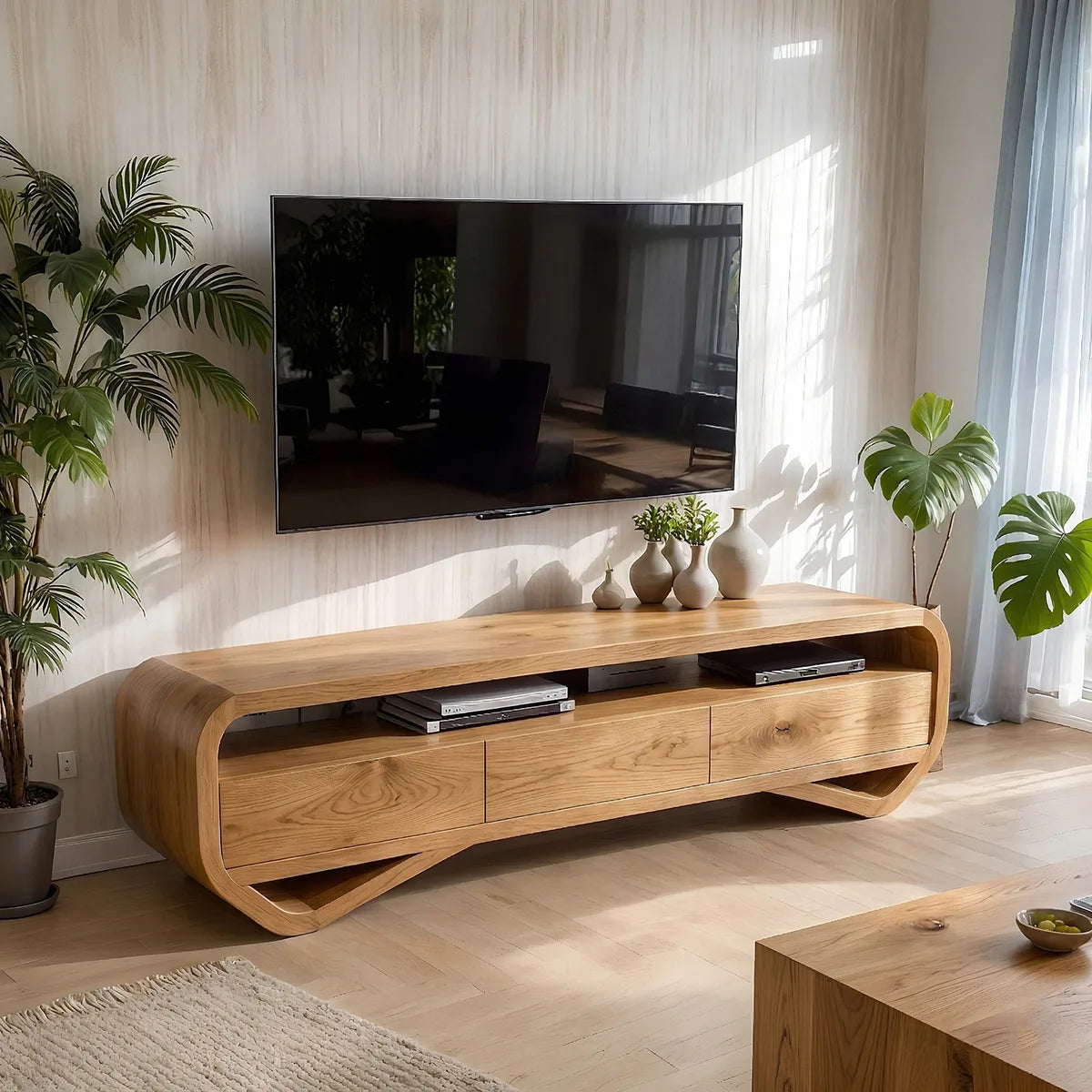 Solid Wood TV Stand with Curved Open Shelves and 3 Drawers
