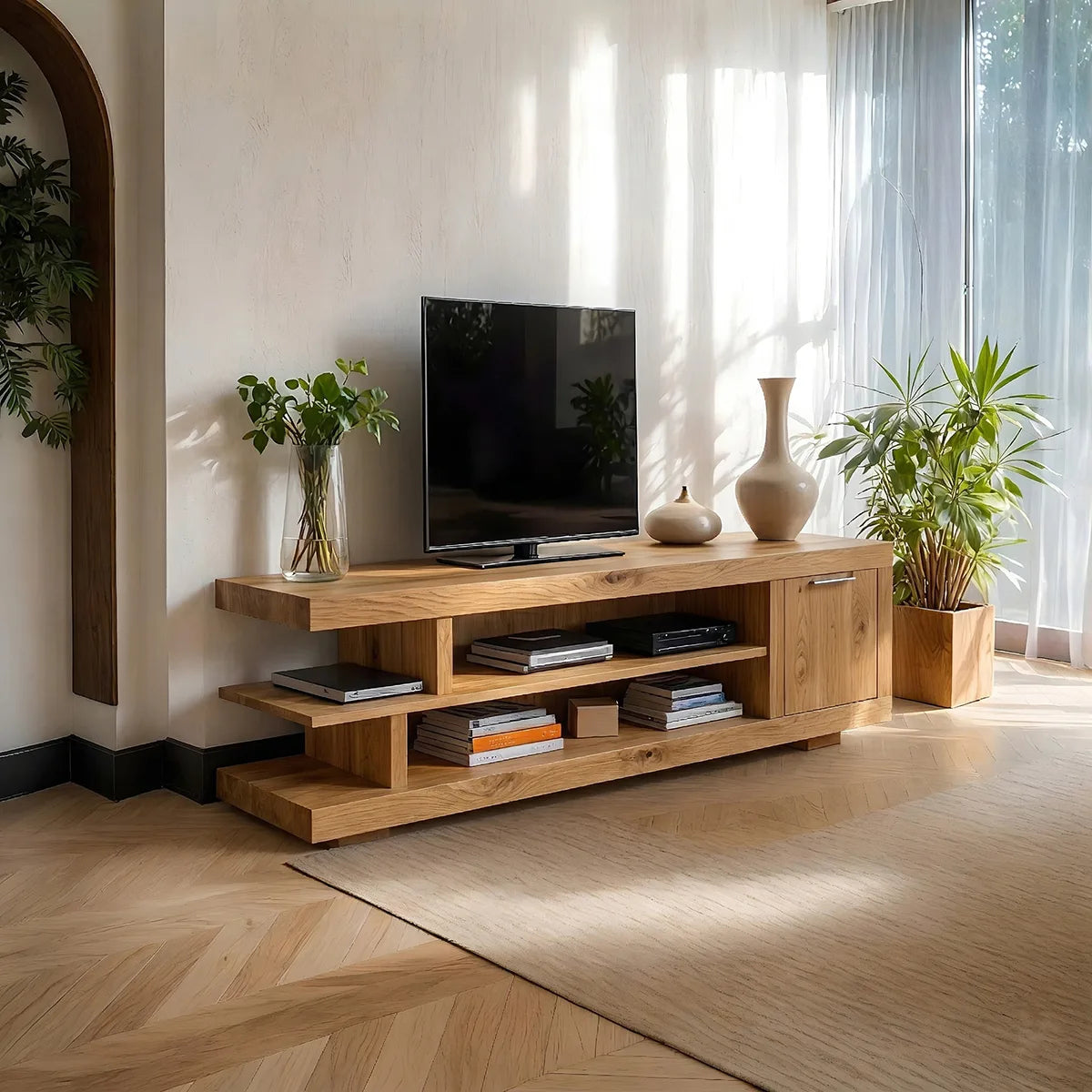 Solid Wood TV Cabinet with Open Shelves and Side Door Storage