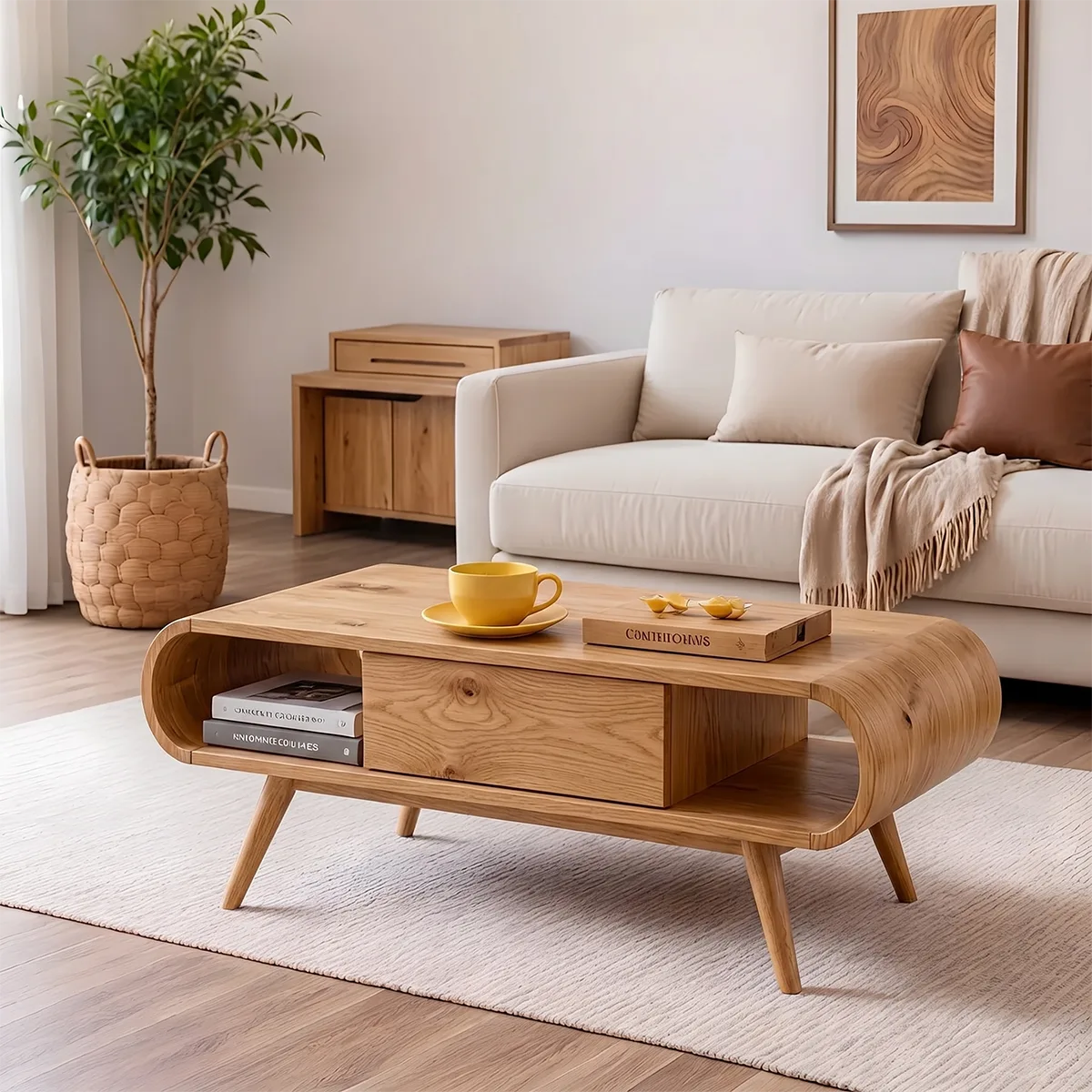 Mid Century Modern Solid Wood Curved Coffee Table with Storage