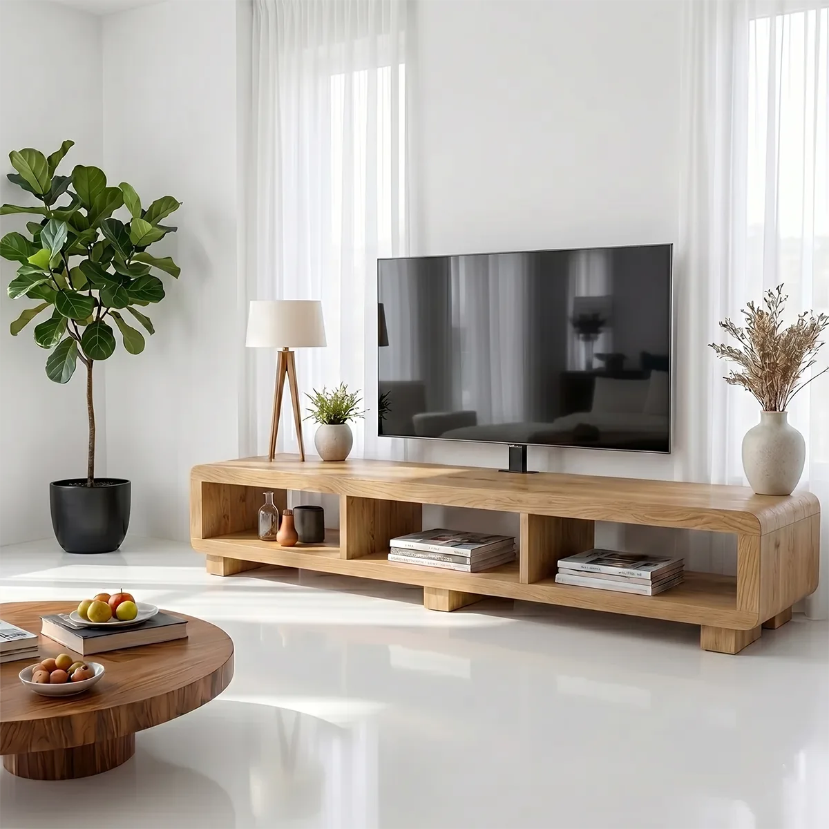 Modern Solid Wood Open Media Console TV Stand