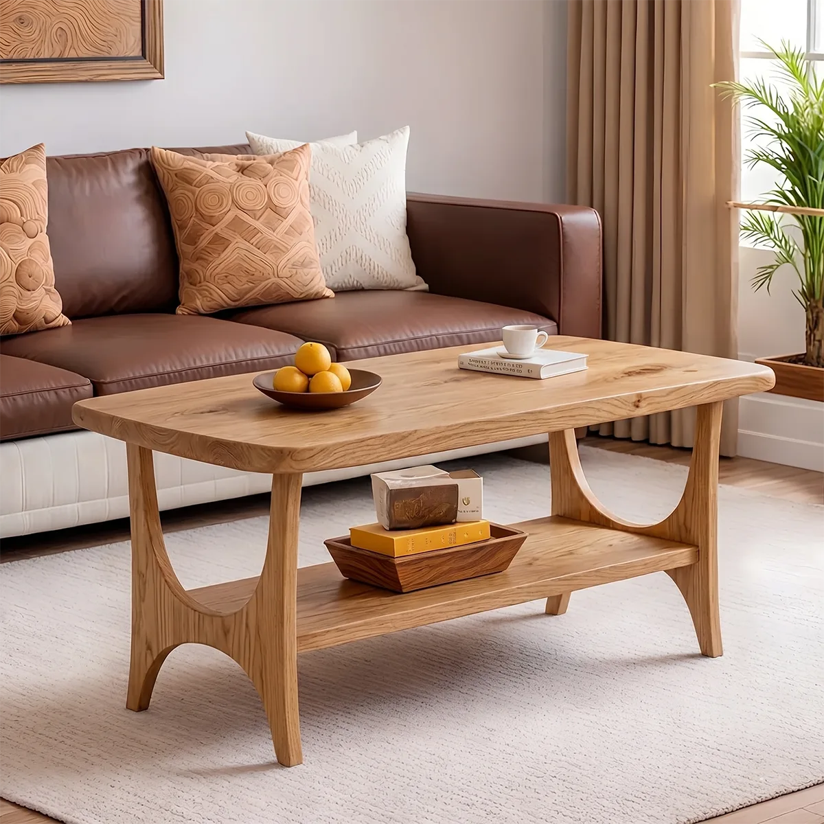 Mid Century Modern Solid Wood Rectangular Two Tier Coffee Table