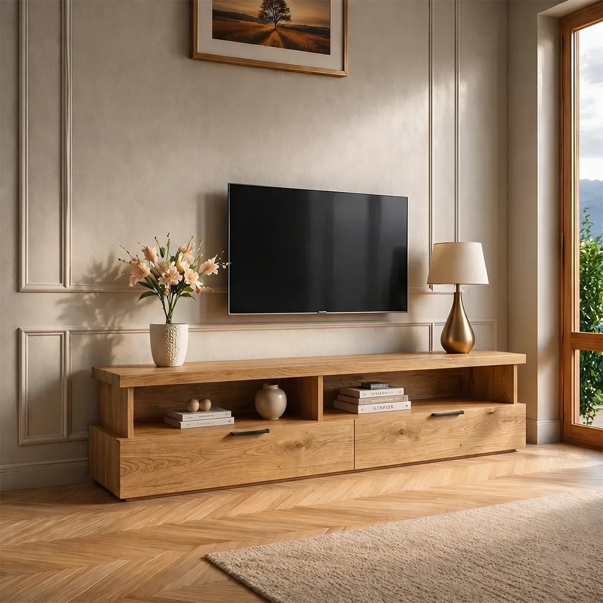 Modern Wood TV Stand with Open Shelves and 2 Drawers