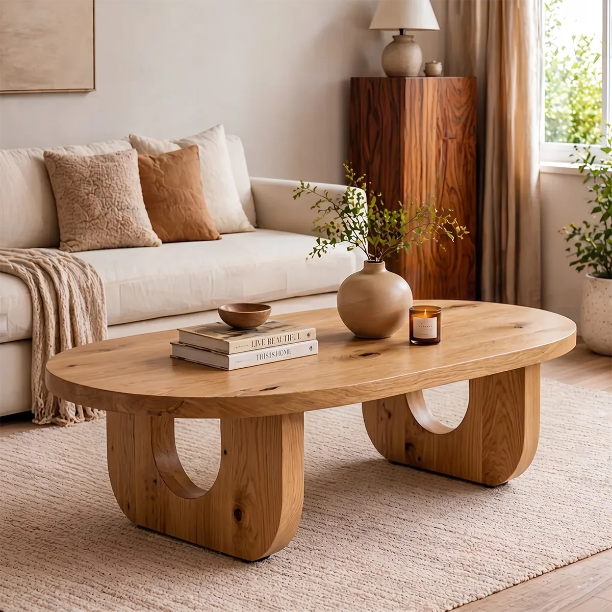 Modern Solid Wood Oval Coffee Table with Sculptural Cutout Legs