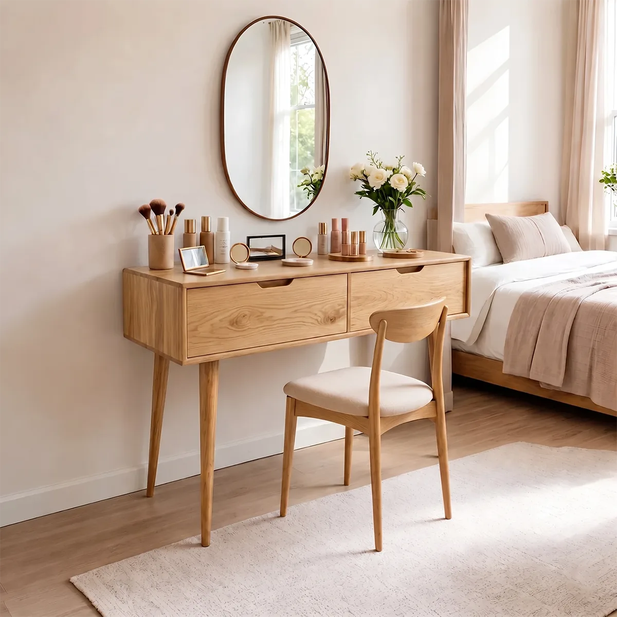 Minimalist Solid Wood Vanity Desk with Large Drawers and Oval Mirror