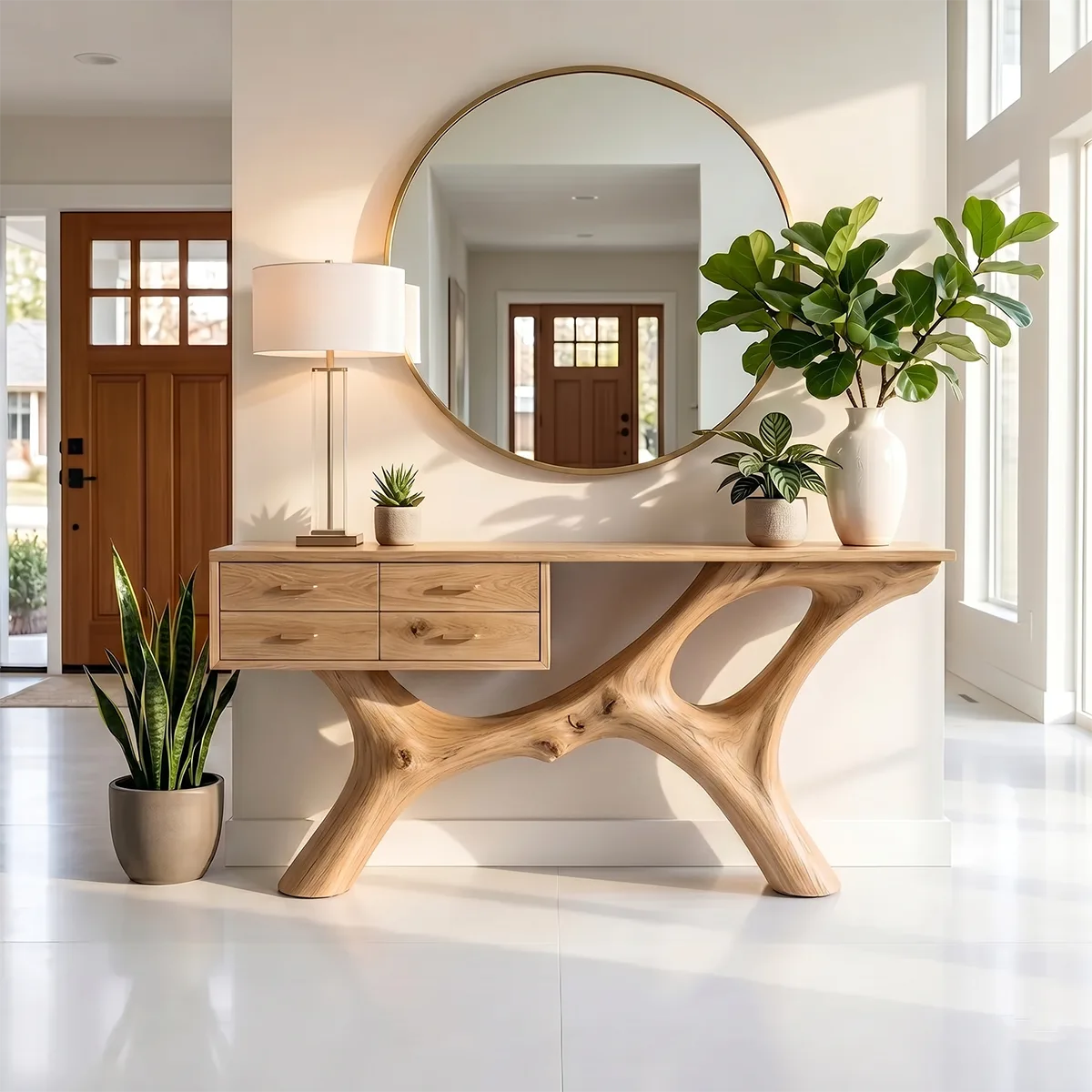 Luxury Wood Console Table with Drawers Curved Base Hallway Table
