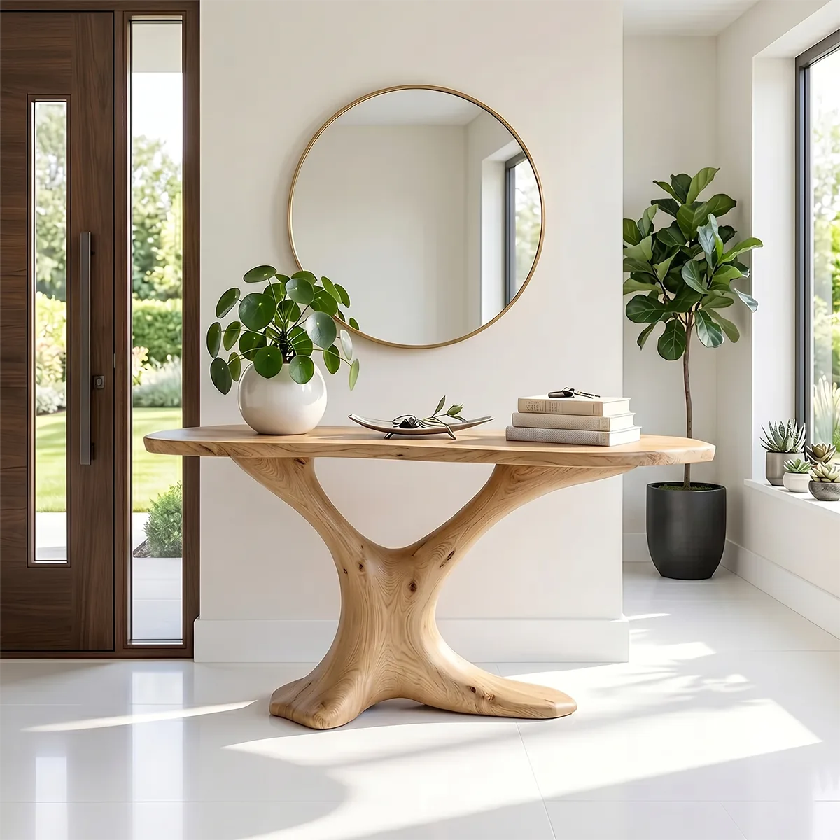 Sculptural Natural Wood Console Table for Entryway