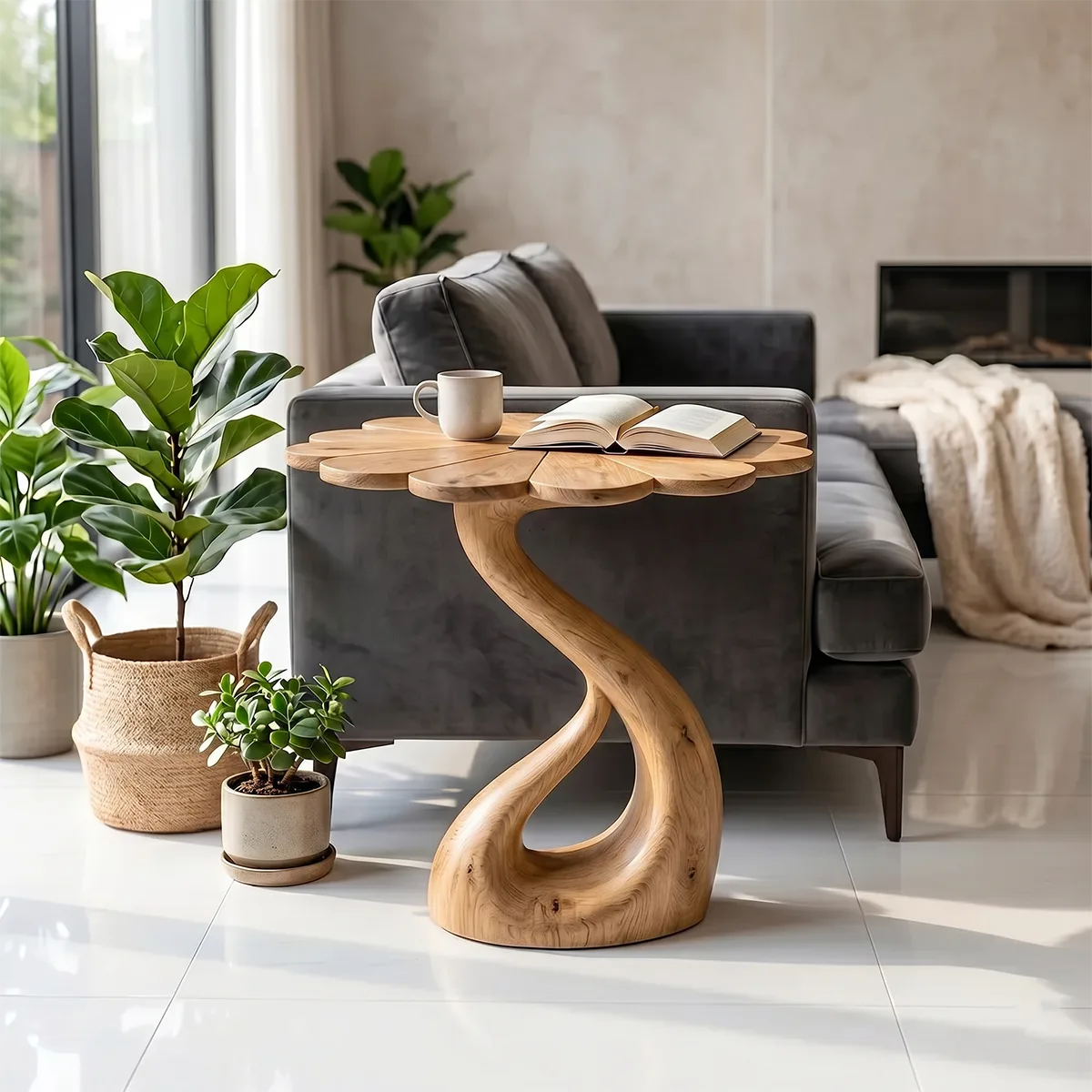 Petal Top Solid Wood Side Table | Sculptural End Table TH003-1714