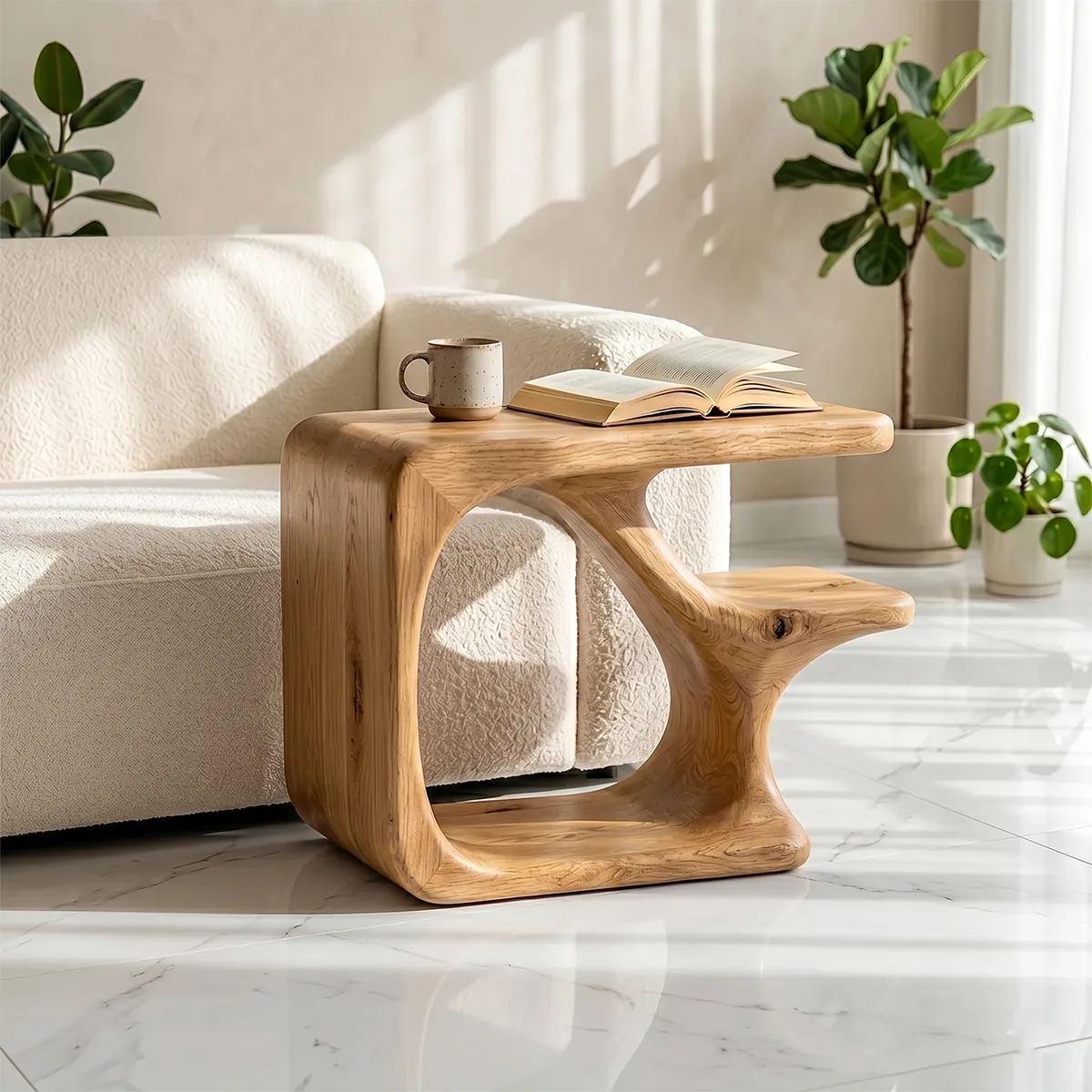 Solid Wood C-Shaped Side Table with Shelf | Sculptural Design TH003-8802